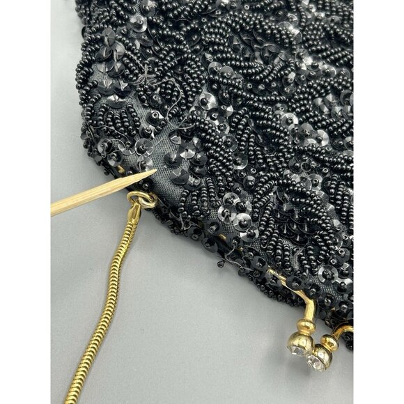 Evening Bag Black Beaded Kiss Lock Rhinestones Gold Chain Sequins See Photos Vtg - Picture 6 of 12